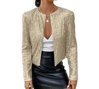 WLLDDDIU Summer Cardigan, Ladies Festive Bolero, Elegant Shiny Sequin Bolero for Women Sparkle Short Tops Long Sleeves Cardigan Open Front Blazer Jacket Evening Party Cover Ups Champagne S
