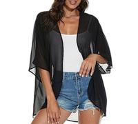 WLLDDDIU Summer Cardigans for Women UK, Chiffon Sheer Shrug Cardigans for Women Loose Fit Open Front Blouse Tops 3/4 Sleeve See Through Bolero Jacket Summer Kimono Cover Ups Beachwear Black L