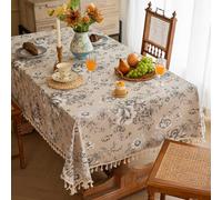 WLLDDDIU Tassels Tablecloth Rectangular, Boho Black White Flower Print Cotton Linen Table Cover Washable Dust Proof Farmhouse Decorative Table Cloth for Garden Picnic Party Balcony 140 * 180Cm