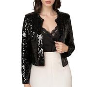 WLLDDDIU Women Sparkle Glitter Cropped Jacket Long Sleeve Open Front Shiny Sequins Bolero Tops Fully Lined Sequin Cardigan Coat Elegant Shoulder Jacket for Weddings Cocktail Parties Black S