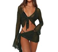 WLLDDDIU Women's beachwear Swimsuit Cover Up Summer 2Pcs Outfit Sets V Neck Bolero Shrugs Shawl Bell Sleeve Tie Front Knot Sexy See Through Wrap Crop Top Blouse Bikini cardigans,green,L