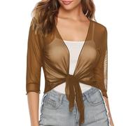 WLLDDDIU Women's Cardigans, Chiffon Sheer Shrug for Women Tie Front Cropped Cardigans Tops Lightweight 3/4 Sleeve See Through Bolero Jacket Summer Beach Cover Ups Beachwear Brown S