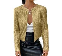 WLLDDDIU Women's Cardigans, Ladies Festive Bolero, Elegant Shiny Sequin Bolero for Women Sparkle Short Tops Long Sleeves Cardigan Open Front Blazer Jacket Evening Party Cover Ups Gold L