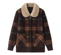WLLDDDIU Women'S Cardigans,Old Lady Faux Fur Collar Zipper Jacket Middle Aged and Elderly Plaid Knitted Cardigan Grandma Wear Cardigan Coat Jacket Clothing Spring Autumn Mother Fashion Check Tweed C