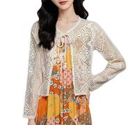 WLLDDDIU Women's Cardigans, Women's Floral Crochet Shrug Cardigan Lightweight Hollow Out Tie Front Cropped Bolero Jacket Elegant Knitted Sweater Tops Summer Beach Coverup for Dresses Apricot L