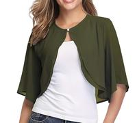 WLLDDDIU Women's Chiffon Shrug Cardigan 3/4 Bell Sleeve Open Front Cropped Bolero Lightweight Sheer Ruffle Cape Jacket for Wedding Party Evening Wear Army Green M