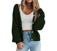 WLLDDDIU Women's Chunky Knit Cardigans Open Front Long Lantern Sleeve Button Down Oversized Fall Sweater Casual Loose Short Cardigans Outerwear Coats Dark Green S