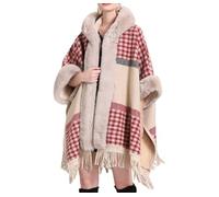 WLLDDDIU Womens Hooded Cape Poncho Faux Fur,Warm Fleece Lined Christmas poncho cape Scarf Plaid tassel Sweater shawl wrap Open Front Cardigans Blanket Coat for women Fall Winter,red