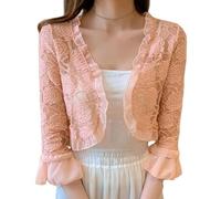 WLLDDDIU Women's Shrug Summer Lace Bolero Cardigan Cropped Tops elegant lace up Cardigan Shrugs Shawl tops sheer flower crochet cardigan Cloak Evening Party Cover Up for Dresses,Pink,S