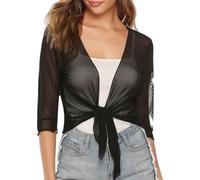 WLLDDDIU Women's Shrugs, Chiffon Sheer Shrug for Women Tie Front Cropped Cardigans Tops Lightweight 3/4 Sleeve See Through Bolero Jacket Summer Beach Cover Ups Beachwear Black S