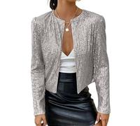 WLLDDDIU Women's Shrugs, Ladies Festive Bolero, Elegant Shiny Sequin Bolero for Women Sparkle Short Tops Long Sleeves Cardigan Open Front Blazer Jacket Evening Party Cover Ups Silver XL