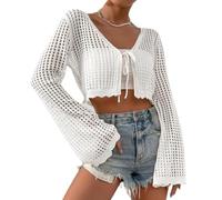 WLLDDDIU Women's Shrugs, Women's Hollow Crochet Shrug Cardigan Tie Front Lightweight Bell Long Sleeves Cropped Bolero Jacket Ladies Knit Crop Tops Summer Beach Coverup for Dresses White M