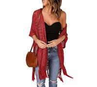 WLLDDDIU Women's Shrugs, Womens Knit Cardigan Open Front Summer Hollow Crochet Tassel Boleros Shrugs Casual 3/4 Sleeve Sweater Tops Mid Length Lightweight Kimono Cover Ups Red M