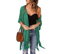 WLLDDDIU Women's Shrugs, Womens Knit Cardigan Open Front Summer Hollow Crochet Tassel Boleros Shrugs Casual 3/4 Sleeve Sweater Tops Mid Length Lightweight Kimono Cover Ups Green L