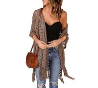 WLLDDDIU Women's Shrugs, Womens Knit Cardigan Open Front Summer Hollow Crochet Tassel Boleros Shrugs Casual 3/4 Sleeve Sweater Tops Mid Length Lightweight Kimono Cover Ups Brown L