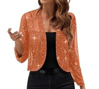 WLLDDDIU Womens Sparkly Sequin Bolero Shrugs 3/4 Sleeve Semi Sheer Crop Open Front Cardigan Lightweight Summer Evening Cover Ups for Party Daily Styling Orange XL