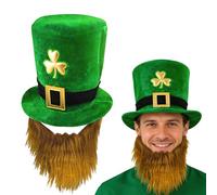 Wlleoaa Adult Deluxe Green Leprechaun Top Hat with Ginger Beard, St Patrick's Day Party Costume Accessories, for St Patricks Day Outfits Irish Days Holiday Festival Parade Party Decorations Supplies