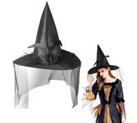 Wlleoaa Witch Hat, Ladies Black Witch Hat with Veil and Feathers, Adults Pointy Witches Hats, Halloween Day of the Dead Corpse Bride, Halloween Accessories, for Women and Girls Haloween Costumes