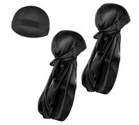 WLLHYF 3 Pieces Silky Durag Caps Black, Pirate Cap with Long Tail Head Wraps Sweat Wicking Beanie Skull Cap Bandana Hat Breathable Comfortable Headwrap Hat for Men Women
