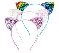 WLLHYF 3PCS Reversible Sequin Cat Ears Headband Halloween Glitter Headwear Shiny Hair Hoop Accessories for Adults Women Girls Spa Skin Care Makeup Christmas Raves Festival Party Cosplay