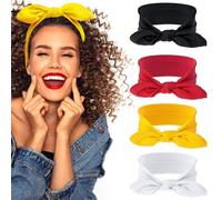 WLLHYF 4 Pack Bow Headbands Elastic Knotted Headwraps Rabbit Ears Hair Band Stretchy Facial Cloth Workout Running Turban Fashion Sport Hair Accessories for Women Girls (black+white+red+yellow)