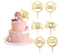 WLLHYF 6 Pack Gold Happy Birthday Acrylic Cake Decoration, Double-Sided Glitter Birthday Party Decoration Supplies