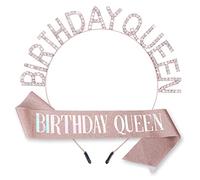WLLHYF Birthday Queen Sash Crystal Headband Set Rhinestone Tiara Bling Glitter Crowns Hair Band Princess Tiara Sweet Happy Birthday Decorations Accessories for Women Girls