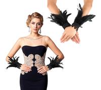 WLLHYF Black Lace Feather Gloves Witch Angel Costume Gothic Mesh Wristband Cuff Wedding Accessory for Women Halloween Christmas Cosplay(Black)