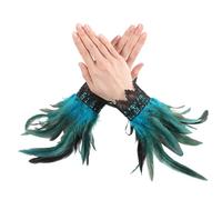 WLLHYF Black Lace Feather Gloves Witch Angel Costume Gothic Mesh Wristband Cuff Wedding Accessory for Women Halloween Cosplay(Blue)