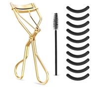 WLLHYF Eyelash Curler Kit, Beauty Eyelash Comb with 10 Black Silicone Refill Pads and 1 Mascara Brush Metal Eyelash Separator Universal Lash Curler Makeup Tool for Women and Girls (Gold Plating)