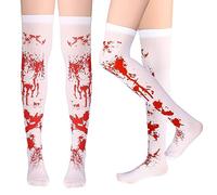 WLLHYF Halloween Bloody Stockings Cosplay High Socks White and Red Blood Stained Costume Hosiery Horror Over Knee Thigh Long Stockings for Women Girls Halloween Party Cosplay