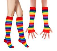 WLLHYF Rainbow Striped Arm Leg Socks Set， Long Knit Over Knee Thigh High Socks Warmer Fingerless Stretchy Gloves Cosplay Accessories Valentine's Day Gifts Costumes for Women Girls, Red