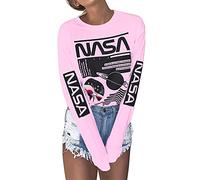WLLW Women Long Sleeve Crew Neck NASA Letter Print NASA Shirt Blouse Sweatshirt - pink - Large