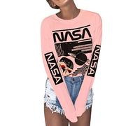 WLLW Women Long Sleeve Graphic Shirts NASA Letter Print Crew Neck Tee Tops Blouse Sweatshirts, Orange, L