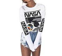 WLLW Women Long Sleeve Graphic Shirts NASA Letter Print Crew Neck Tee Tops Blouse Sweatshirts, White, S
