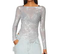 WLLW Women See Through Tops Sparkly Long Sleeve Boat Neck Mesh Top Sexy Sheer T-Shirt Layering Tops Clubwear, Silver, L