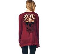 WLLW Womens Long Sleeve Open Front Back Cut Out Skull Cardigan Sweater Tops, Red, XX-Large