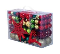 WLLXTK 102Pcs Christmas Balls Ornaments with Star Deer Pendants Hanging Decoration Craft Xmas Ornaments for Party Celebration Indoor, Gold Red Dark Green