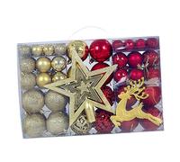 WLLXTK 102Pcs Christmas Balls Ornaments with Star Deer Pendants Hanging Decoration Craft Xmas Ornaments for Party Celebration Indoor, Gold Red