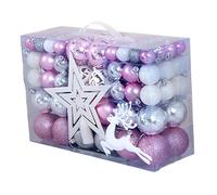 WLLXTK 102Pcs Christmas Balls Ornaments with Star Deer Pendants Hanging Decoration Craft Xmas Ornaments for Party Celebration Indoor, Pink White Silver