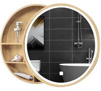 WLLXTK Cabinets Bathroom Push-pull Smart Round Bathroom Wall Illuminated LED Bathroom Storage Cabinet (Color : Wood color, Size : 60cm|23.6inches) (Wood Color 50cm|19.7inches)