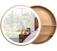 WLLXTK Cabinets Bathroom Push-pull Smart Round Bathroom Wall Illuminated LED Bathroom Storage Cabinet (Color : Wood color, Size : 60cm|23.6inches) (Gold 50cm|19.7inches)