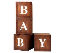 WLMALL Wood Baby Shower Boxes for Birthday Party Decorations - 4 Grain Brown Blocks with Printed Letters, Gender Reveal Backdrop,Teddy Bear Supplies, First Centerpiece Decor