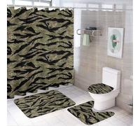 Wlntrophic Bathroom Mat Set 4 Piece, Tiger Stripe Camo Shower Curtain with Non-Slip Bath Mats for Bathroom