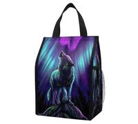 Wlntrophic Wolves Howl in The Northern Lights Lunch Bag with Outside Pockets, Tote Lunch Bag for Work, Picnic, Travel