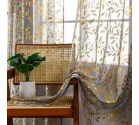WLRAPSKY Sheer Curtains 84 Inches Long 2 Panels Set, Luxury Gold Foil Printed Metallic Bronzing Vine Leaves, Privacy Window Treatment Decor Drape Pair for Bedroom Dining Room, 52" W x 84" L, Grey