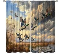 wlsgdsg Duck Blackout Curtains for Hunting Lodge,Vintage Country Old Watercolour Painting Forest Orange Pond Sky Green Headed Duck Animal Window Drapes Print for Farmhouse Bedroom Living Room 52x84in