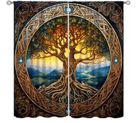 wlsgdsg Tree of Life Curtains for Boys Retro Medieval Nordic Mythology Ancient Viking Style Mysterious World Tree Windows Treatments for Kids Teenager Bedroom Living Room 42x45in(No Blackout)