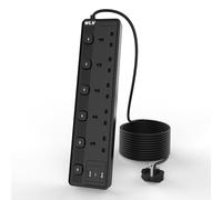 WLV 3M 5 Gang Extension Lead with 3 USB Slots, Black Extension Lead with Individually Switch, Wall Mounted Power Strip for Dorm, Kitchen, Living Room, Recreation Vehicle, Bedroom