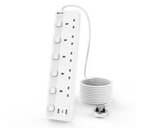 WLV 3M Extension Lead 5 Gang with 3 USB Slots, White Extension Lead with Individually Switch, Wall Mounted Power Strip for Dorm, Kitchen, Living Room, Recreation Vehicle, Bedroom